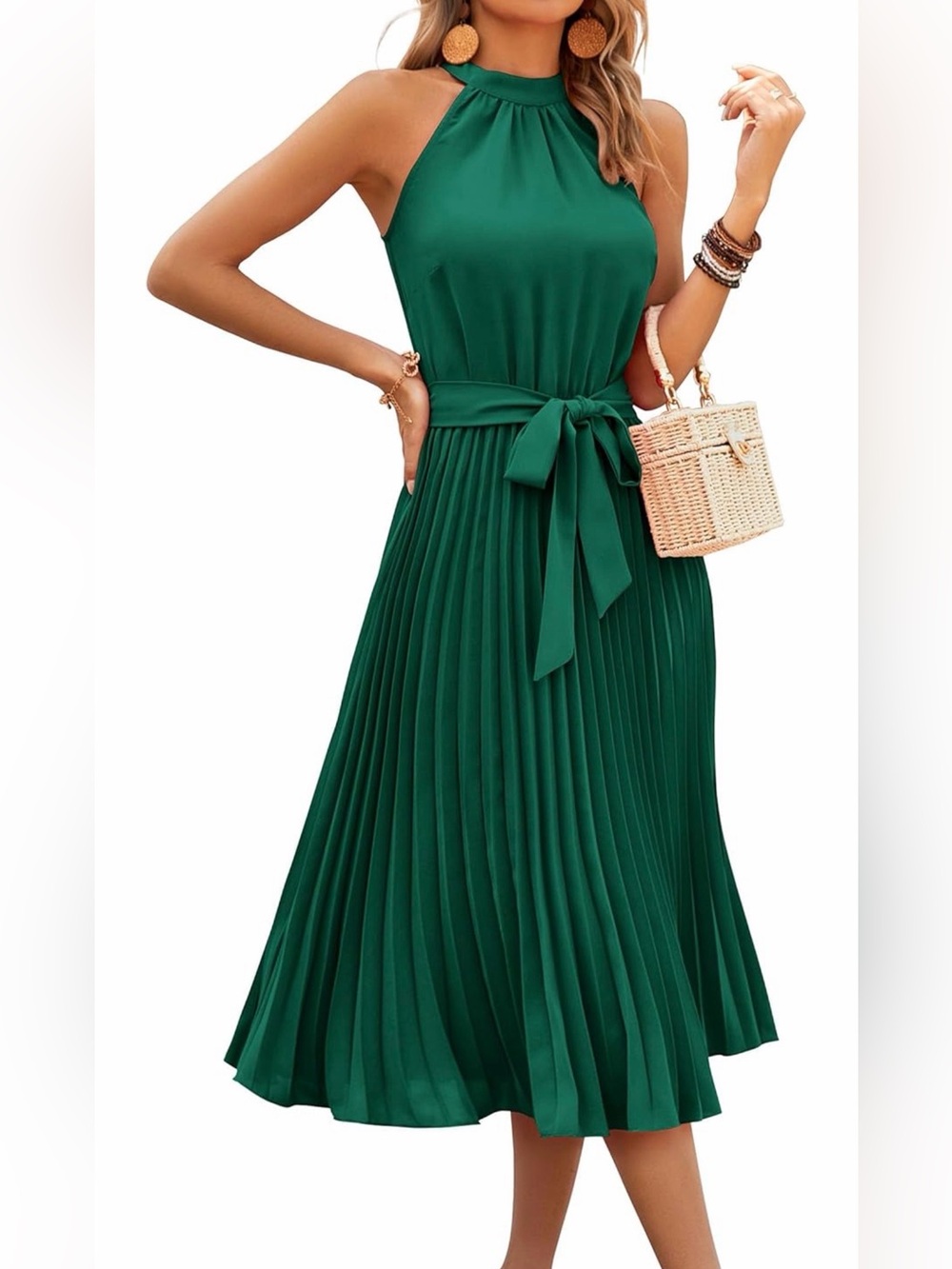 NWT Kirundo Halter Neck Pleated Midi Dress with Tie Waist in Emerald, XL
